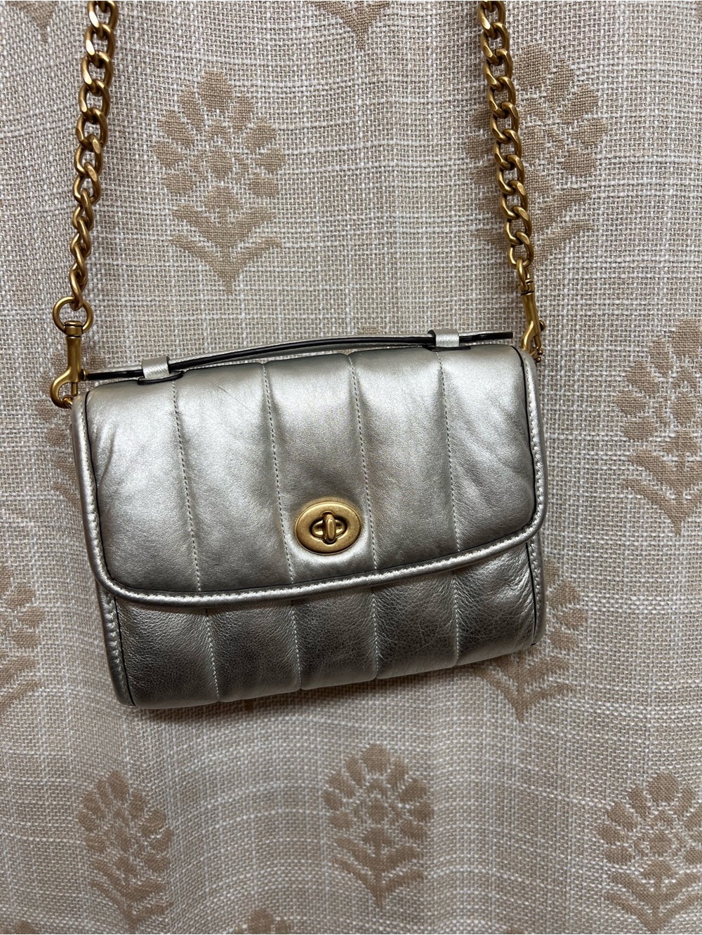 Coach Kip Metallic Silver Quilted Crossbody with Gold Chain